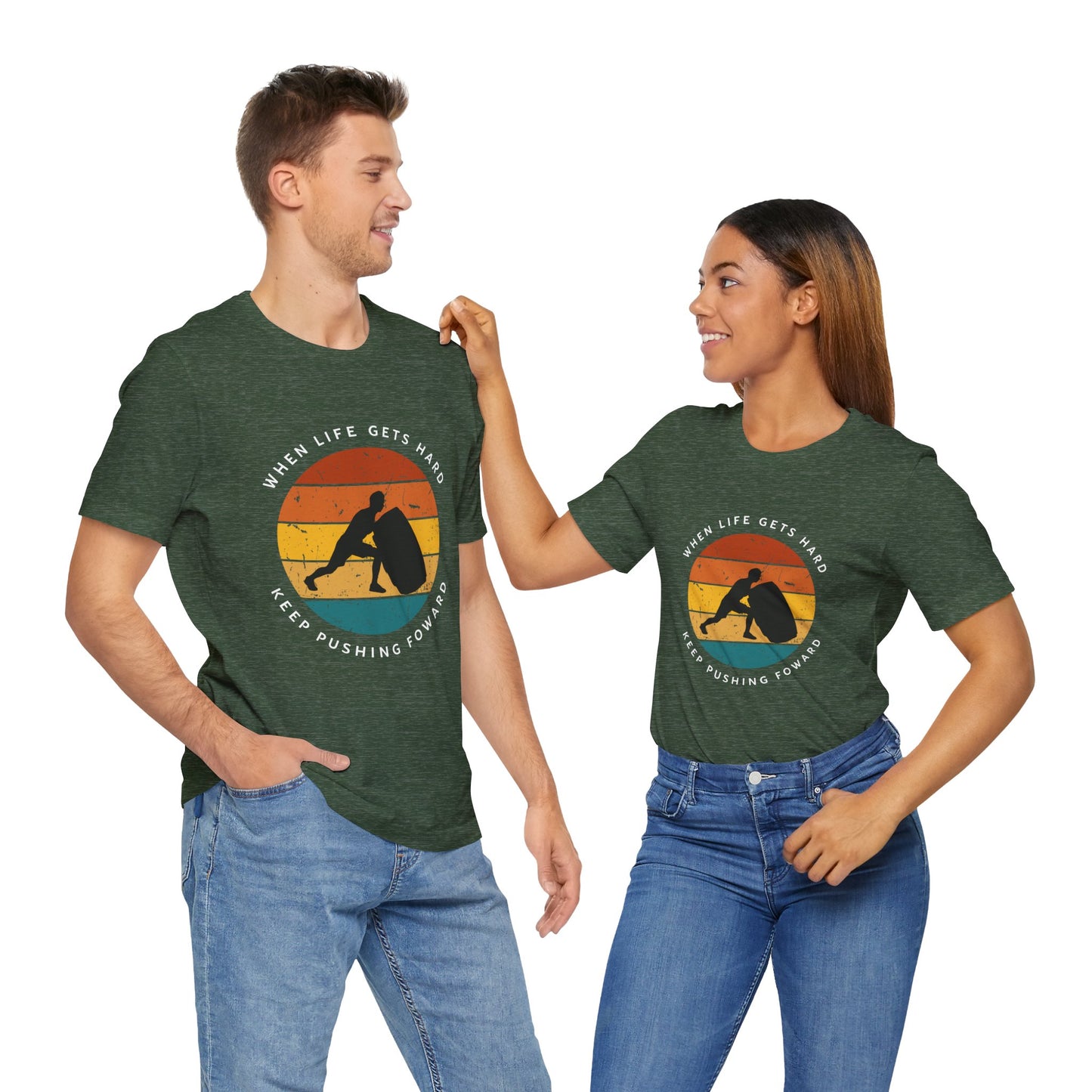 'When life gets hard, keep pushing forward', gym motivation Sunset Retro colors